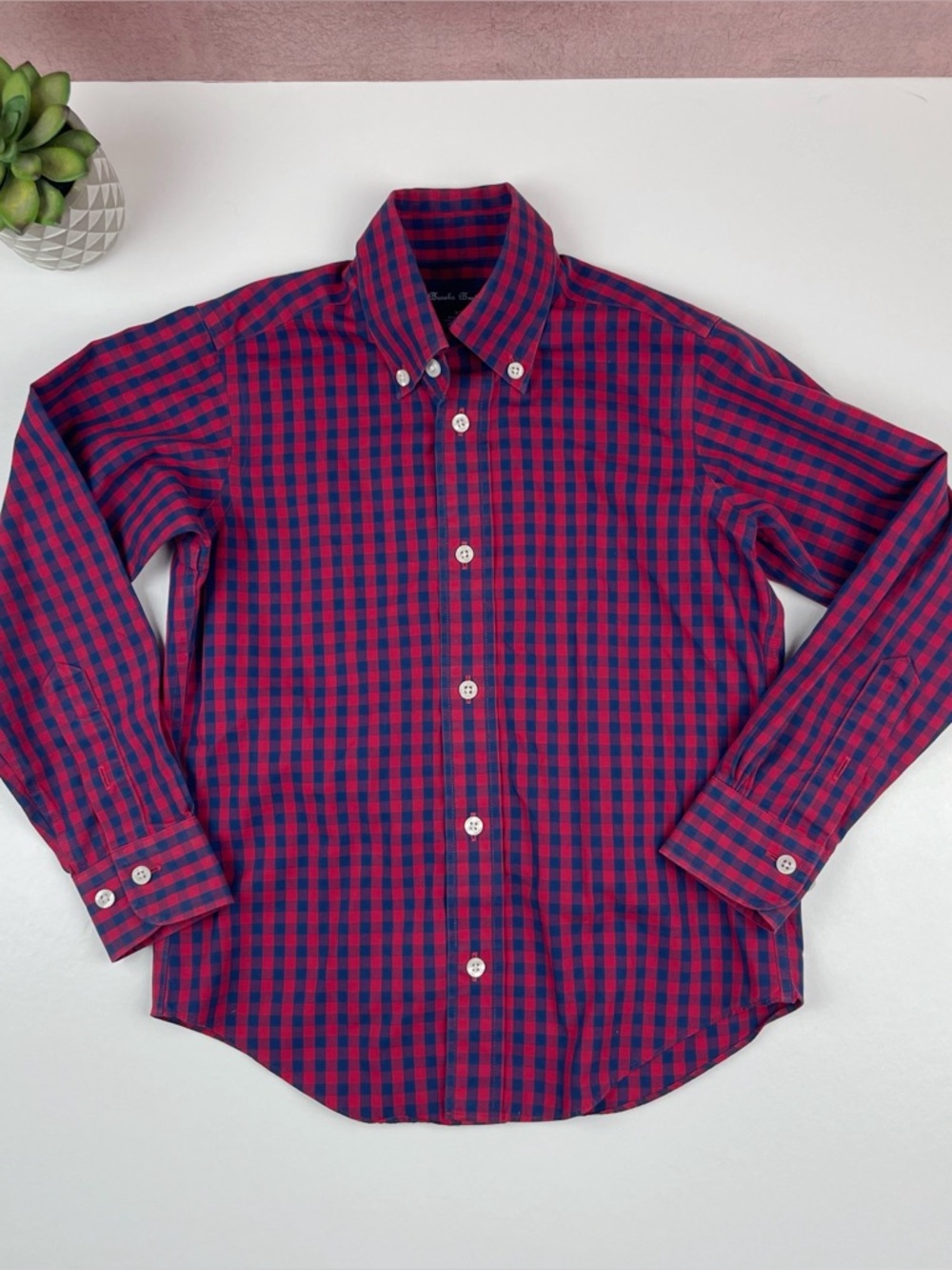 Brooks Brothers Red Navy Blue Gingham Check Long Sleeve Button Down Top Boy XS